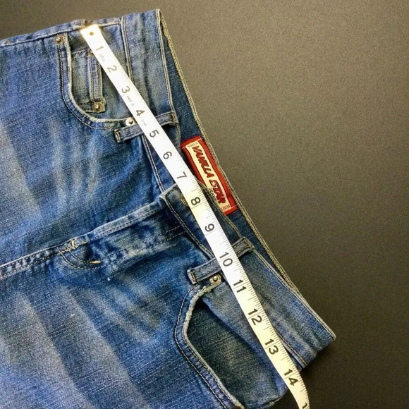 VTG Vanilla Star Womens 7 Denim Mini Skirt Blue Pockets Raw Frayed Hem Stretch - Picture 8 of 10